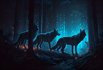 night scene of glowing wolves in the dark forest, digital art style, illustration painting. Generative AI