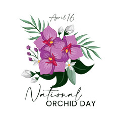National Orchid Day Vector Graphic Illustration with copy space for text. Purple white orchid flower isolated on a soft pink background. Orchid Day