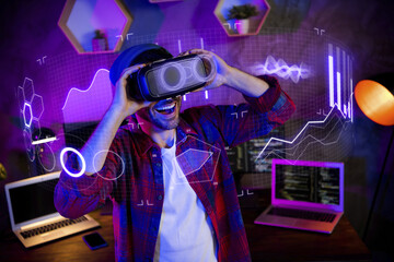 3d metaphor holographic collage of geek programmer working on internet safety using futurism...