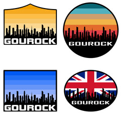 Gourock Skyline Silhouette Uk Flag Travel Souvenir Sticker Sunset Background Vector Illustration SVG EPS AI
