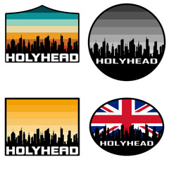 Holyhead Skyline Silhouette Uk Flag Travel Souvenir Sticker Sunset Background Vector Illustration SVG EPS AI