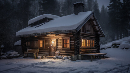 A cozy cabin nestled in a snowy forest