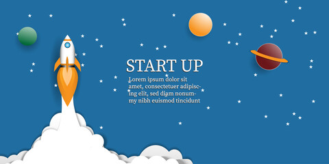 Rocket launch  to sky  above  clouds on blue background , Space ship  flying to  galaxy with  planet  star ,Flat style vector illustration,Business new project start up strategy  Concept
