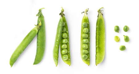 set / collection of fresh green peas, pods, split and loose, isolated over a transparent background, vegetable / food design elements - 592651865