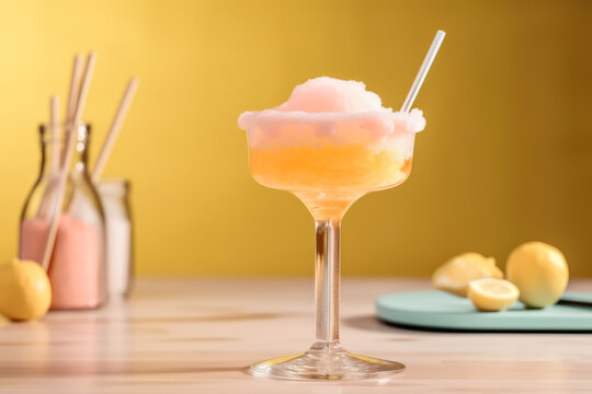 Generative AI illustration of glass with Dream Daiquiri Meringue alcoholic cocktail decorated with straw and cranberry foam and served on table with cut lemon