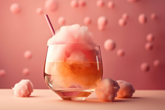Generative AI illustration of glass with sweet alcoholic Cotton Candy floss Margarita cocktail decorated with straw and served on table against pink background