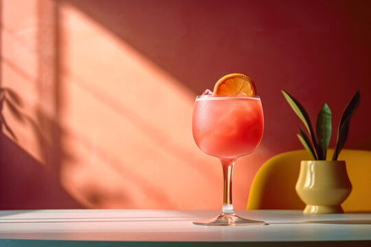 Generative AI illustration of sleek cocktail glass of pink drink placed on table with sliced of orange and potted plant against pink sunlight background indoors