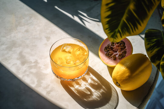 Generative AI illustration with high angle of glass of yellow cocktail iced juice with fresh and sliced yellow fruit placed on grey table beside flat leave shades in sunlight outdoors