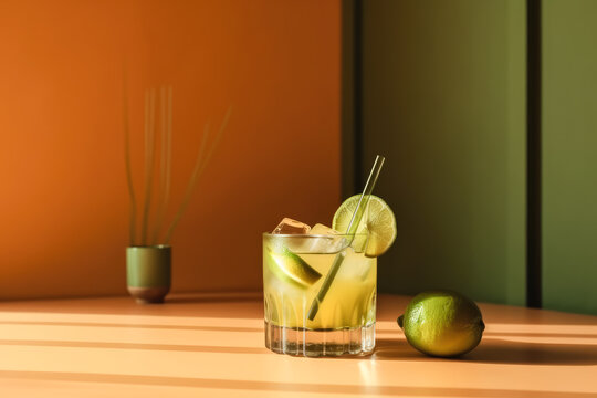 Generative AI illustration of glass of refreshing mojito cocktail garnished with lime in straw placed on wooden plane beside brown and green painted wooden board in daylight