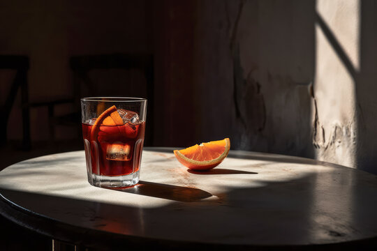 Generative AI illustration of transparent glass of red wine cocktail with slice of fresh orange and ice crystals placed on wooden table in dark room indoors