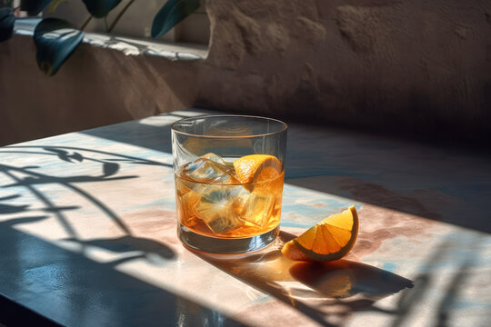 Generative AI illustration of glass of refreshing iced orange cocktail drink with freshly sliced orange placed on table in sunlight beside concrete wall