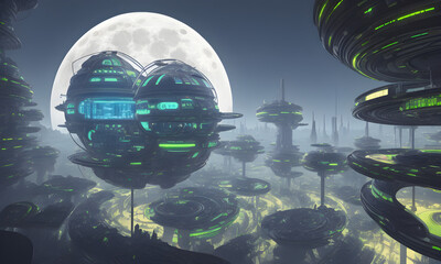 A high tech solarpunk utopia city / metropolis at an alien planet in the future with futuristic buildings and domes, digital concept art, generative ai generative ki, science fiction