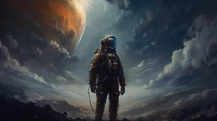 A lonely astronaut in the vastness of space, gazing at the distant stars