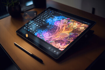Generative AI illustration of modern digital tablet with colorful graphic display and stylus pen placed on wooden table