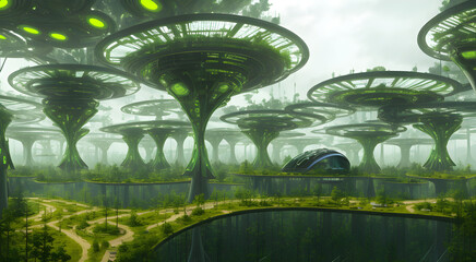 A high tech solarpunk utopia city / metropolis in europe in the future with forest, trees, futuristic buildings and domes, digital concept art, generative ai generative ki, science fiction © 39