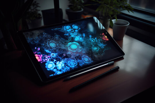 Generative AI illustration of modern digital tablet with colorful graphic display and stylus pen placed on wooden table