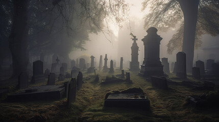 A spooky graveyard covered in fog, filled with tombstones