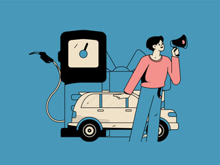 Vector internet operation hand-drawn illustration of people getting discounts for refueling the car
