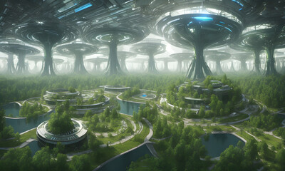 A high tech solarpunk utopia city / metropolis in europe in the future with forest, trees, futuristic buildings and domes, digital concept art, generative ai generative ki, science fiction