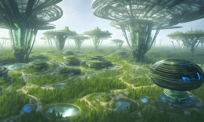 A high tech solarpunk utopia city / metropolis in europe in the future with forest, trees, futuristic buildings and domes, digital concept art, generative ai generative ki, science fiction - 592653065