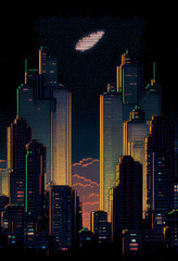 8-Bit Cyberpunk Cityscape at Night with Tall Skyscrapers and Distant Overhead Views - Generative AI