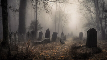 A spooky graveyard covered in fog, filled with tombstones