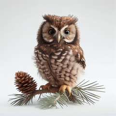 Naklejka premium Adorable baby owl holding a pine cone in a real photo on white background - Generative AI