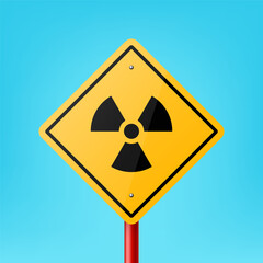 Fototapeta premium Vector Yellow Blank Rhombus Road Sign Frame with Radiation Sign, Icon, Nuclear Warning Symbol Icon Closeup on Blue Background. Road Pointer Plate Design Template, Front View
