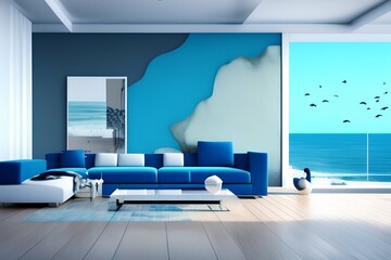 Modern living room interior design and sea view and blue textured wall background , modern planning - generative ai
