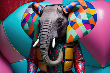 Generative AI illustration full body of elephant with colorful creative costume standing against bright background