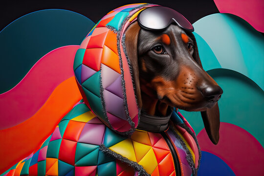 Generative AI illustration side view of black dog with colorful pilot costume and glasses on multicolored background