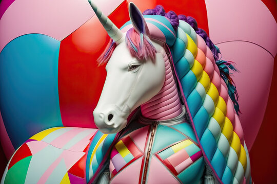 Generative AI image of white unicorn with colorful hair and bright multicolored costume looking away on vivid color background