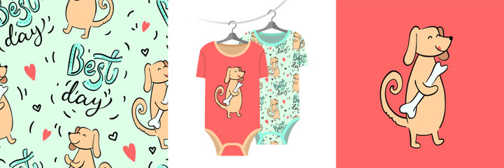 Seamless pattern and illustration set - funny dog at red background. Cute design pajamas on a hanger. Baby clipart for tee prints, cards, apparel, room decor, fabric design, wrapping