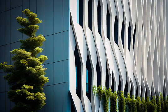 Generative AI illustration of contemporary tall building with glass windows surrounded by plants