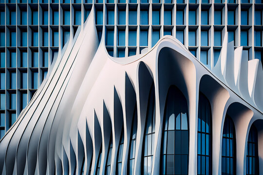 Generative AI illustration of wavy contemporary building with arched windows and unusual architecture design