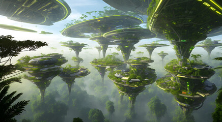 A high tech solarpunk utopia city / metropolis in the amazon in the future with rainforest, trees, palms, futuristic buildings and domes, concept art, generative ai generative ki, science fiction