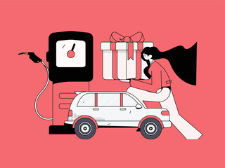 Vector internet operation hand-drawn illustration of people getting discounts for refueling the car
