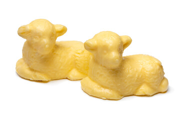 Pair of traditional easter butter lamb isolated isolated on white background close up