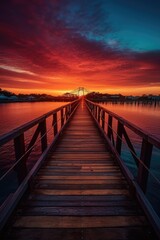 Obraz na płótnie Canvas Wooden plank walkway leading to a beautiful sunset on the lake. Generative Ai.