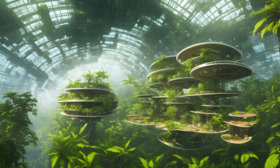 A high tech solarpunk utopia city / metropolis in the amazon in the future with rainforest, trees, palms, futuristic buildings and domes, concept art, generative ai generative ki, science fiction - 592654419