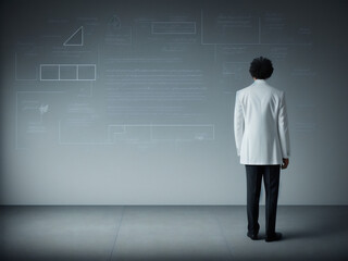 Obraz premium Back view of businessman looking at chalkboard with mathematical formulas on it - AI Generated