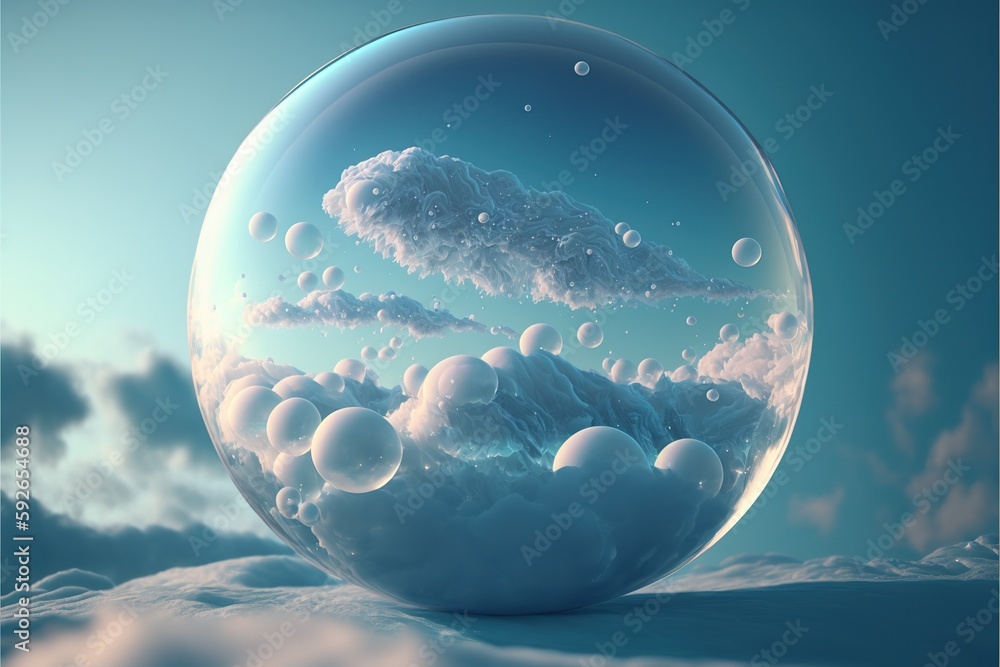 Poster beautiful modern abstract artwork of the sky captured in the transparent sphere bubble that reflect 
