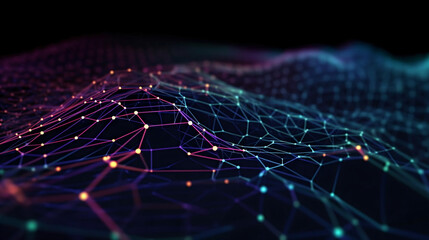 Cyber big data flow. Blockchain data fields. Network line connect stream. Concept of AI technology, digital communication, science research, 3D illustration neural cells