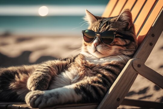 Funny cat in sunglasses lies on a sun lounger, relaxing on the sea beach. Summer vacation on the seashore.