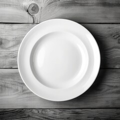 An empty plate on a white wooden table. Top view of white ceramic plate on white wooden. Generative Ai.