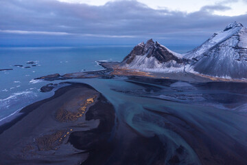 Drone view of lake in mountains