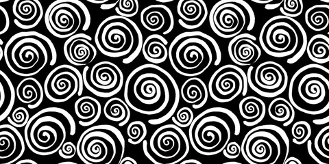 Naklejka premium Seamless pinwheel squiggly spiral pattern of wonky hand drawn white painted curly stripes on black background. Simple abstract blender motif texture in a trendy bold whimsical doodle line art style.