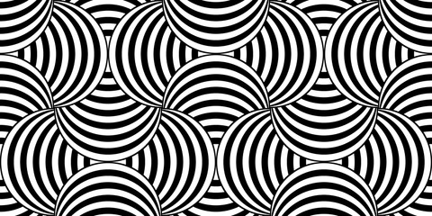 Seamless trippy psychedelic vintage mid century modern geometric striped circle pattern. Bold monochrome black and white retro surreal lines aesthetic art. Optical illusion scallop background texture.