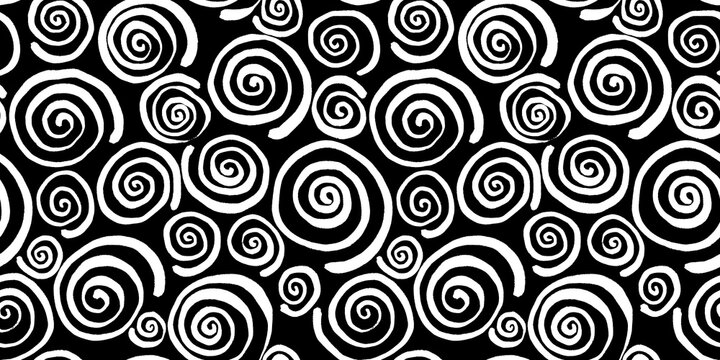 Seamless pinwheel squiggly spiral pattern of wonky hand drawn white painted curly stripes on black background. Simple abstract blender motif texture in a trendy bold whimsical doodle line art style.