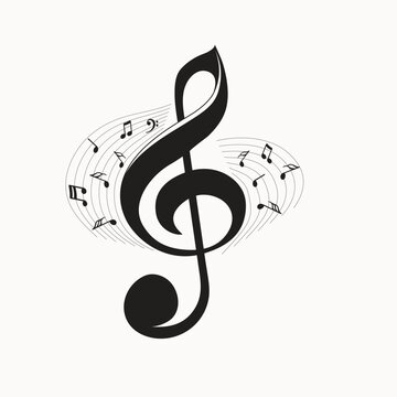 Vector music notes. Black stern treble clef on white background. Flat vector sign with musical stanza and small notes for music websites or applications. 